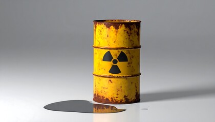 Rusty yellow drum with radioactive symbol and spilled liquid