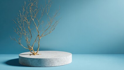 Gold-toned, twig-like branches rise from a pale, circular pedestal against a serene light-blue backdrop.  Soft lighting creates a minimalist, elegant mood