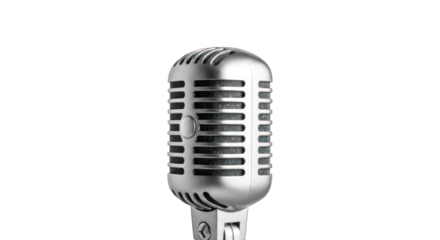 Close-up of a vintage-style microphone, metallic silver, with a ribbed grill
