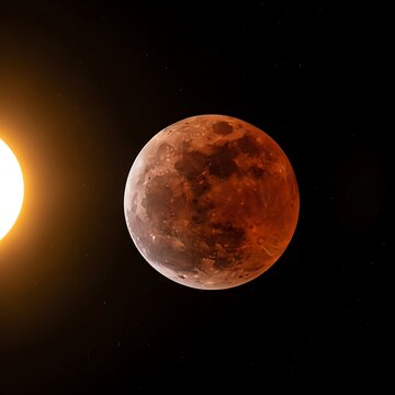 Lunar Eclipse Blood Moon with Bright Sun in Outer Space
