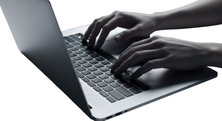 Close-up of hands typing on a laptop keyboard. Hands are positioned over the keys, and the laptop is