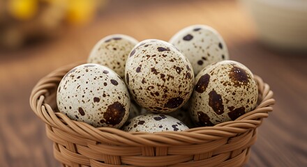 Obraz premium A collection of small, speckled quail eggs fills a textured woven basket, offering a glimpse into a natural and wholesome food source