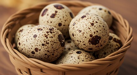 Fototapeta premium An inviting arrangement of speckled quail eggs overflows from a handcrafted woven basket, evoking a sense of natural abundance and simple elegance