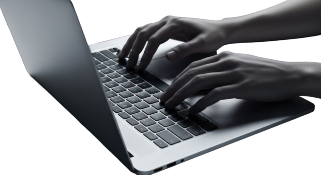Close-up of hands typing on a laptop keyboard.  Hands are positioned over the keys, and the laptop is