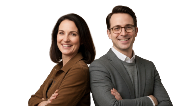 Close-up of two people, smiling, facing forward, arms crossed