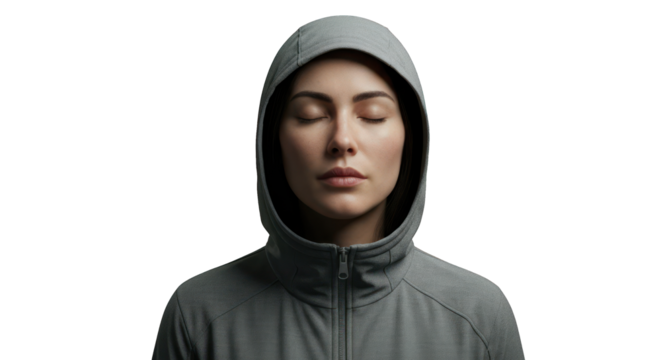 Close-up of woman in gray hoodie, eyes closed - Powered by Adobe