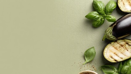 Grilled eggplant halves and fresh basil leaves arranged on a muted green background, leaving ample space to the left.  A small bowl of seasoning is visible