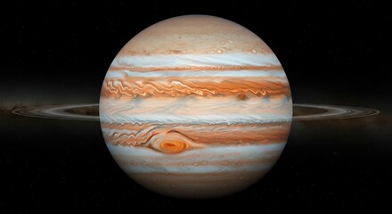 Planet Jupiter with Great Red Spot and Faint Ring System in Outer Space
