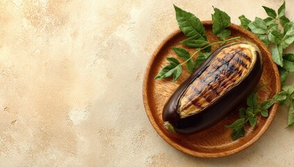 Grilled eggplant, halved lengthwise, showing grill marks, rests on a rustic wooden plate adorned with fresh green leaves against a beige background. Ample copy space