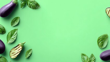 Grilled eggplant halves and fresh basil leaves artfully arranged on a vibrant green background, leaving ample space in the center