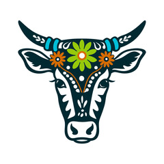 Electric Blue Bull Head with Floral Ornament Bumba Meu Boi Electric blue bull head adorned with floral patterns and ribbons