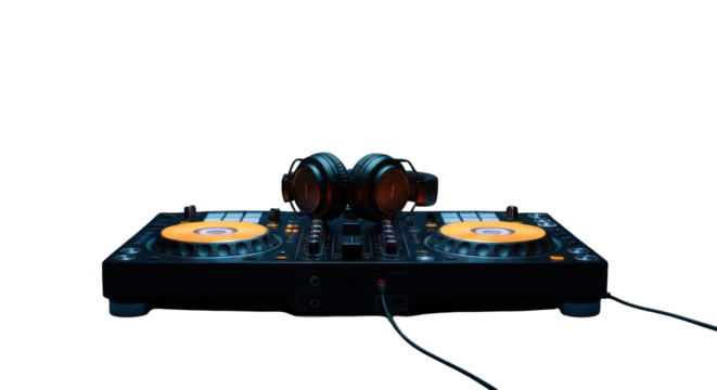 DJ setup, dark background, headphones, mixer.  Two headphones rest atop a black DJ mixer with two 