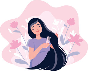 Woman Combing Her Long Hair Vector Flat Illustration