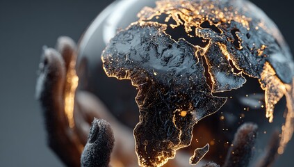 Glowing, dark-toned earth globe cradled in hands, detailed continents, dark background, sparkling light effects