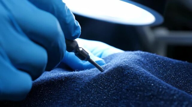 Close-up of gloved hand holding a precision tool, working on a dark fabric, focused work