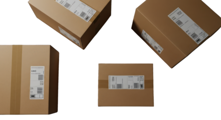 Four cardboard boxes, various angles,  stacked,  with shipping labels