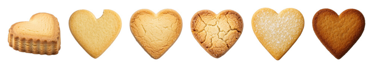 Heart cookie set including stacked, plain, bitten, cracked, powdered sugar, and baked versions isolated. Valentine's Day dessert and sweet snack.