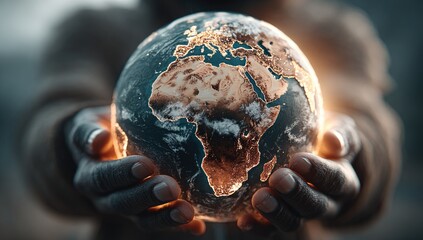 Glowing Earth cradled in weathered hands, emphasizing continents, particularly Africa, against a blurred background.  A sense of fragility and responsibility is conveyed