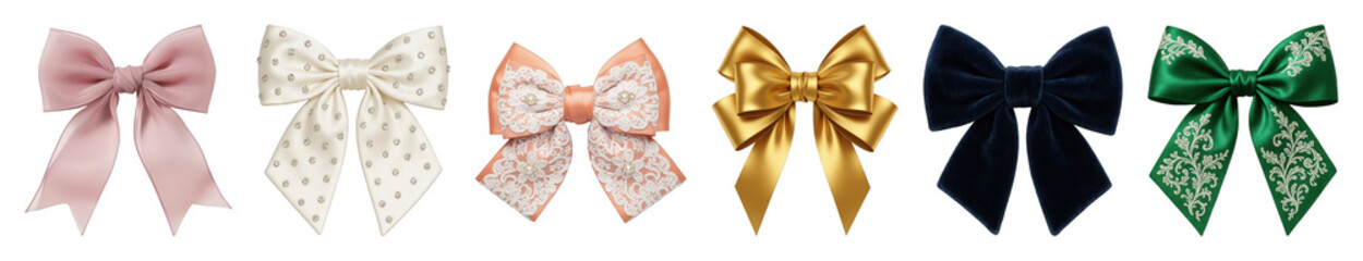 Elegant decorative bow set including satin, velvet, lace, jeweled, and embroidered styles isolated. Fashion and gift accent collection.