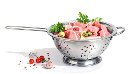 Fresh meat portions in a stainless steel colander