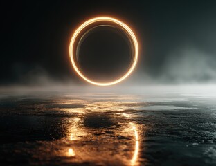 Glowing golden ring levitates above a dark, wet, reflective surface, shrouded in ethereal mist; creating a futuristic, mystical atmosphere