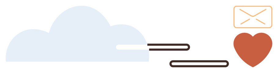 Cloud with short lines suggesting movement, an envelope for messaging, and a heart for love and care. Ideal for communication, relationships, cloud storage, networking, technology, connection