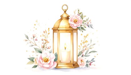Gold lantern surrounded by pastel pink flowers and greenery
