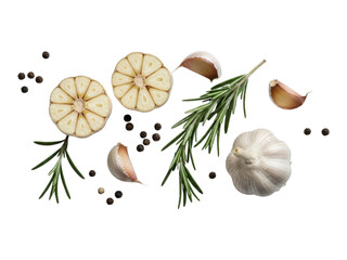 Garlic, rosemary, and peppercorns arranged