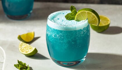 Fototapeta premium Vibrant blue cocktail with lime and mint