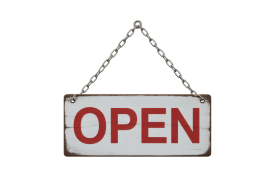 Vintage wooden OPEN sign hanging from chain, perfect for businesses welcoming customers, retro charm
