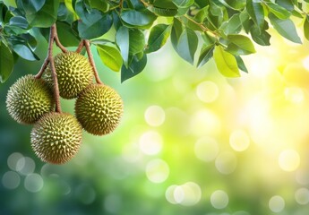 Delicious durian fruits hanging on a tree branch in a tropical garden