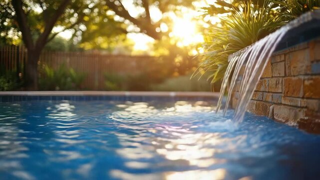 Backyard pool with waterfall feature and sunshine filtering through trees
