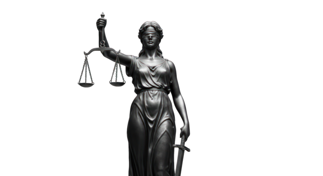 Lady Justice statue, grayscale, black background