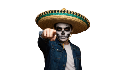 Man in sombrero, skull makeup, pointing