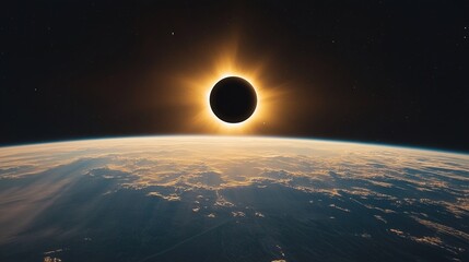 Obraz premium Partial solar eclipse viewed from the International Space Station, the black disc of the Moon cutting into the Sun, with space in the background. 