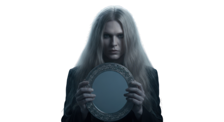 Pale figure holding a round mirror, intense gaze
