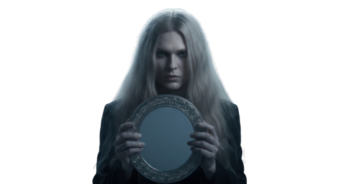 Pale figure holding a round mirror, intense gaze