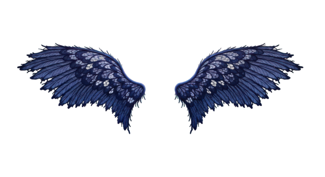 Pair of detailed, dark blue angel wings.  Delicate,  studded embellishment