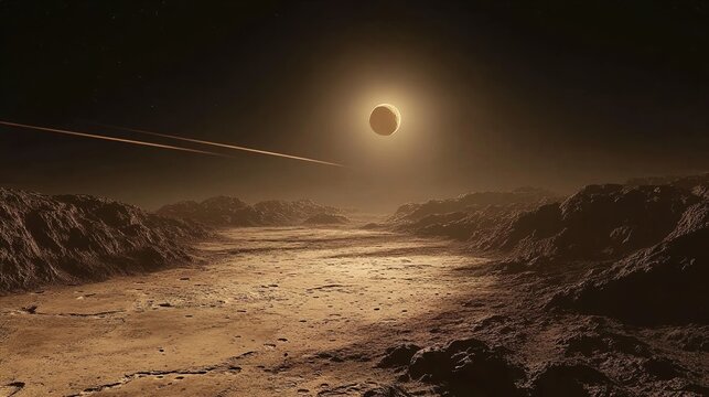 Phobos crossing the Martian sky, small and fast-moving, with shadow trailing across surface below. 