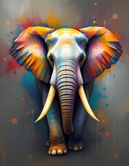 Colorful digital painting of an elephant head on a colorful background.