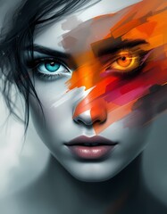 Surreal portrait of woman with colorful abstract paint strokes and glowing eyes