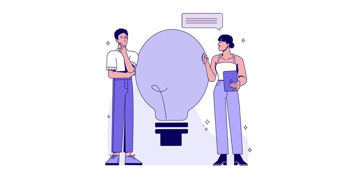 Business teamwork. Moving banner with business partners or entrepreneurs coming up with idea to implement project or launch startup. Cooperation and collaboration. Flat graphic animated cartoon