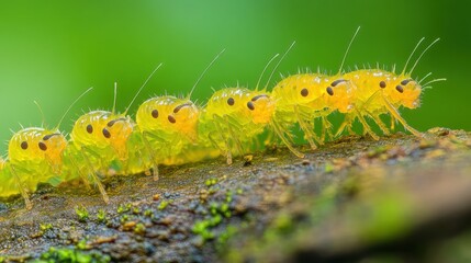 A Close-Up of Vibrant Yellow Caterpillars Crawling on a Green Surface, Showcasing Their Unique Patterns and Texture in an Inviting Natural Environment