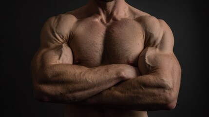Fototapeta premium Powerful male torso with muscular physique against a dark background