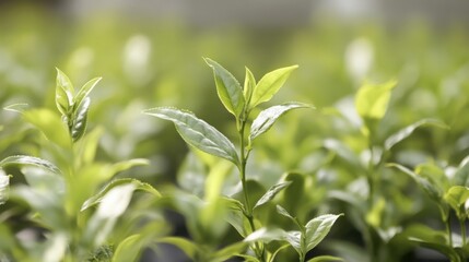 Obraz premium Fresh Green Tea Leaves in a Lush Plantation of Young Saplings
