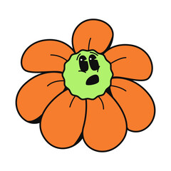 Funny cartoon flower with orange petals and a green center showing a surprised face, in a flat art style on white background. Vector illustration