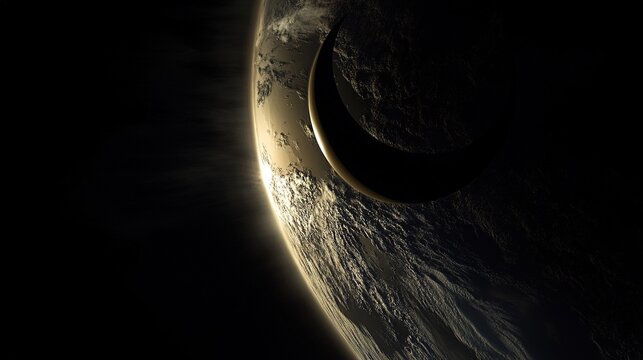 Solar eclipse shadow moving across Earth&acirc;&euro;&trade;s surface captured from geostationary orbit, dark path sweeping across continents. 