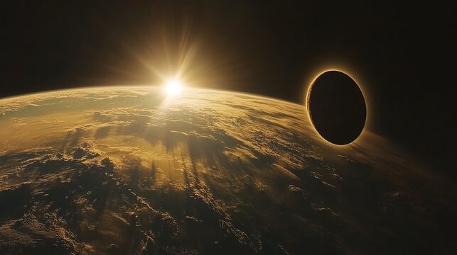 Solar eclipse shadow moving across Earth&acirc;&euro;&trade;s surface captured from geostationary orbit, dark path sweeping across continents. 