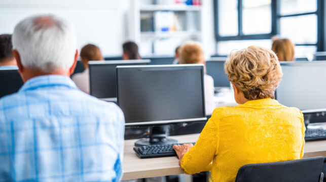 Senior adults attending computer class learning technology in educational setting focused on digital skills and computer literacy for older generations.