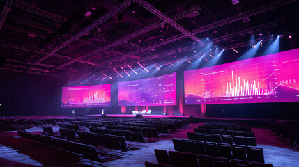 Large auditorium with bright stage lighting and massive LED screen displaying graphs, conference setup with microphone stand